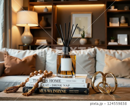 Cozy living room design with aromatic reed diffuser and elegant decor elements for modern homes 124559838