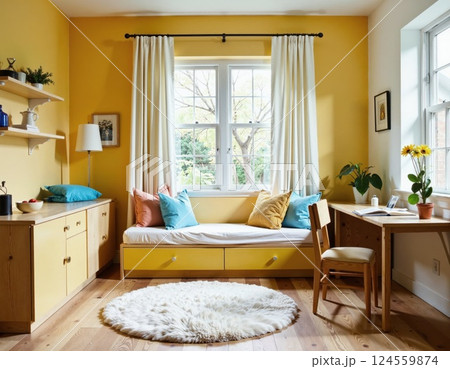 Cozy yellow reading nook in sunlit room with modern scandinavian decor for relaxation and inspiration 124559874