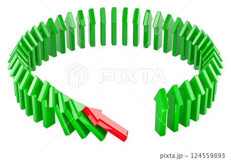 Domino effect from arrows. 3D rendering Domino effect from arrows. 3D rendering 124559893