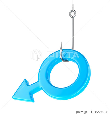 Fishing hook with blue male gender symbol, 3D rendering 124559894