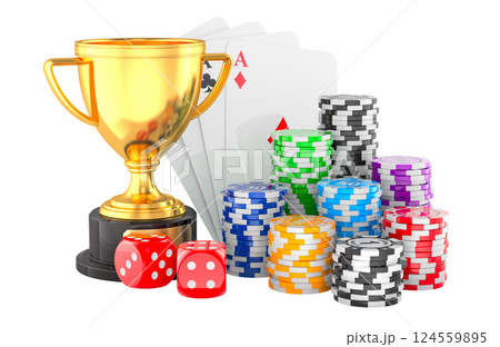 Gold trophy cup award with casino tokens, cards and dice, 3D rendering 124559895