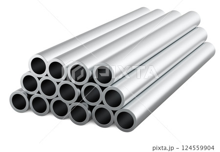 Steel pipes, stack of stainless, steel round pipes. 3D rendering Steel pipes, stack of stainless, steel round pipes. 3D rendering 124559904