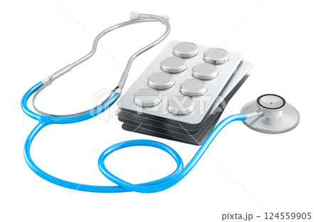 Stethoscope and pharmaceutical blister packs with pills, tablets. 3D rendering Stethoscope and pharmaceutical blister packs with pills, tablets. 3D rendering 124559905