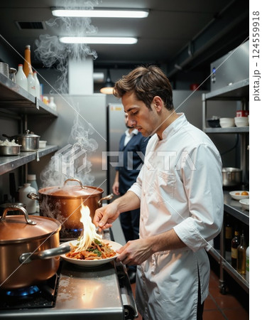 Culinary mastery in action chef crafting flambe dish in modern restaurant kitchen 124559918