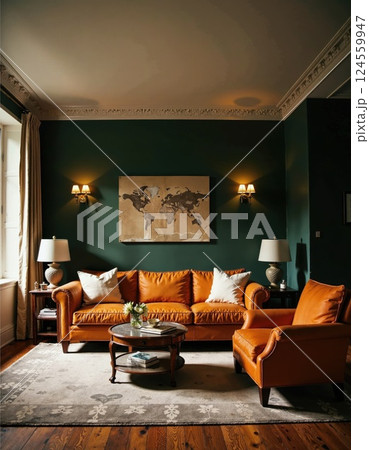 Elegant living room with orange sofa and world map wall art - classy interior decor with vintage style and earthy green accents 124559947