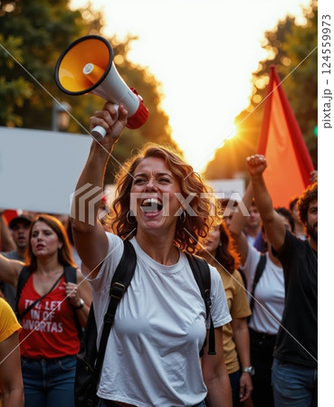 Empowered voices: passionate protestors advocating change at sunset rally for social justice 124559973