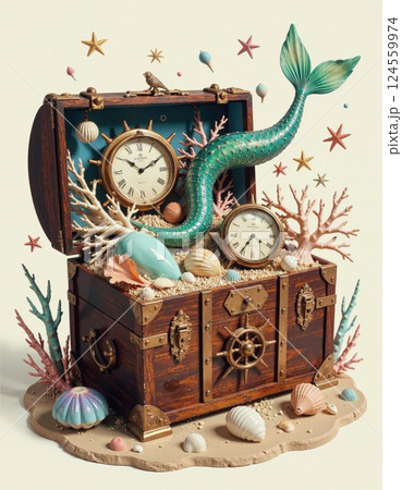 Enchanted mermaid treasure chest with nautical timepieces for coastal decor and creative display Enchanted mermaid treasure chest with nautical timepieces for coastal decor and creative display 124559974