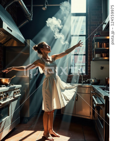 Enchanting dance in sunlit kitchen: capturing grace and light in culinary spaces 124559975