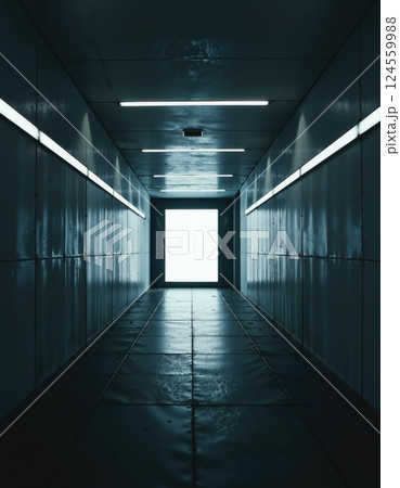 Futuristic corridor with minimalist design and dramatic lighting for sci-fi inspiration 124559988