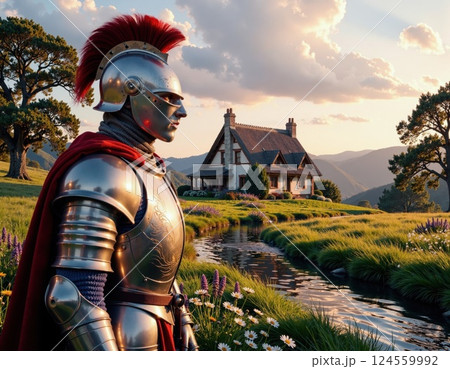 Futuristic knight in tranquil countryside retreat with stream and cottage 124559992