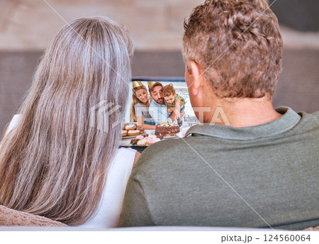 Video call and senior couple celebrating grandchild birthday on a virtual call online. Mature man and woman celebrate family birthday party with video conference at home for happy birthday Video call and senior couple celebrating grandchild birthday on a virtual call online. Mature man and woman celebrate family birthday party with video conference at home for happy birthday 124560064
