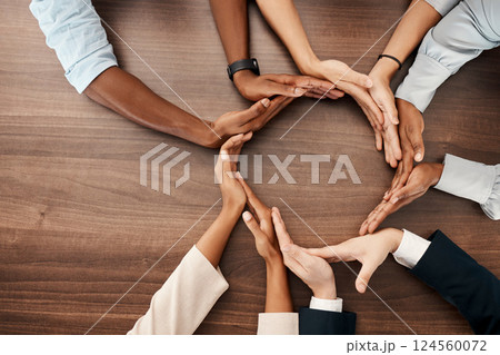 People with hands in circle, business diversity and banner for global recruitment marketing. Round table meeting, solidarity in corporate workplace, group collaboration and united nations community 124560072