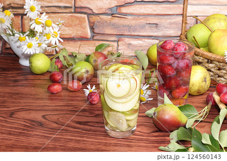 Pear and plum juice, lemonade, drink on a sunny table, summer banner, concept of healthy and natural food, detox diet, weight loss, top view, flat lay, selective focus, summer drinks Pear and plum juice, lemonade, drink on a sunny table, summer banner, concept of healthy and natural food, detox diet, weight loss, top view, flat lay, selective focus, summer drinks 124560143