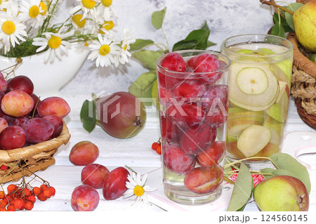 Pear and plum juice, lemonade, drink on a sunny table, summer banner, concept of healthy and natural food, detox diet, weight loss, top view, flat lay, selective focus, summer drinks 124560145