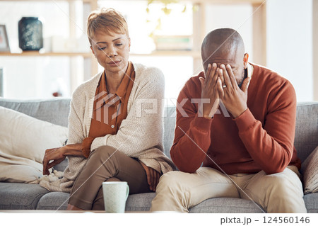 Fight, divorce and depression with old couple on sofa for mental health, angry and problem. Counseling, therapy and difficult with old man and woman healing toxic marriage for sad, stress and fail 124560146