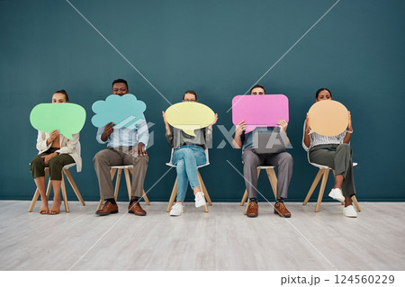 Business people in recruitment office with speech bubble, poster and sign for social media marketing and advertising. Diversity, men and women with paper, mockup space and billboard for job hiring 124560229