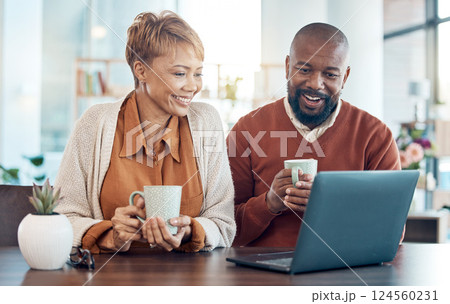 Laptop, coffee and couple video call using online 5g internet technology live communnication. Happy man, woman smile and drink warm tea speaking to international family or friends on digital device 124560231