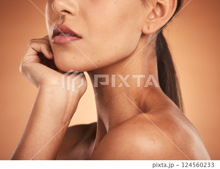 Beauty, skincare and health of mouth, lips and woman body using dermatology, healthcare and cosmetic product for wellness, glow and healthy skin. Female model for spa, self care and self love routine 124560233