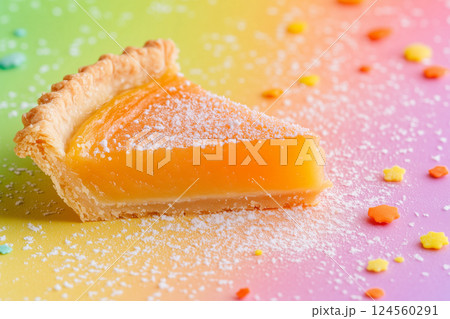 Vibrant lemon tart slice on colorful background with sprinkles 124560291