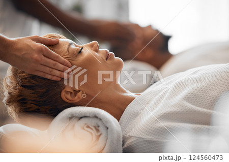 Relax woman, head massage and couple spa beauty, facial wellness and luxury zen therapy for stress relief. Salon therapist touch face, scalp and healing sleeping female for peace, skincare and calm 124560473