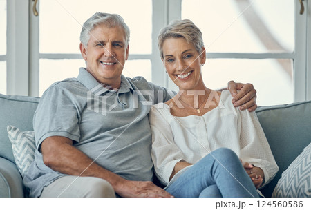 Love, hug and portrait of senior couple relax on home living room sofa, bonding and enjoy quality time together. Partnership trust, peace and elderly romantic man, woman or people happy in retirement 124560586