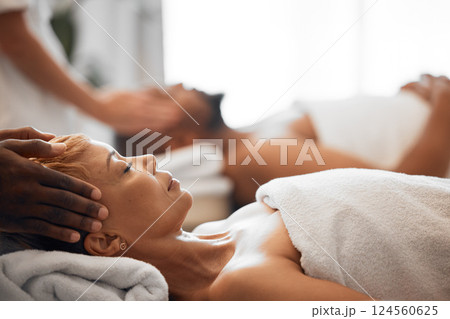 Woman, head massage or couple spa in relax wellness hotel or salon for romantic holiday, break or bonding date. Massage therapist, hands and reiki for headache, stress management or luxury healthcare 124560625