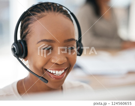 Call center, customer support and face of black woman working, smiling and on client call in office. Customer service, crm and female agent at work talking, consulting and helping customer online Call center, customer support and face of black woman working, smiling and on client call in office. Customer service, crm and female agent at work talking, consulting and helping customer online 124560655