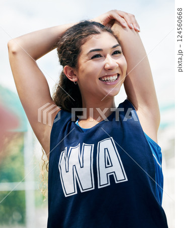 Woman, fitness and stretching arm for exercise, game and workout or netball game, match or competition challenge. Happy smile, warmup and sports athlete, student or player ready for training on court Woman, fitness and stretching arm for exercise, game and workout or netball game, match or competition challenge. Happy smile, warmup and sports athlete, student or player ready for training on court 124560668