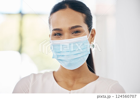 Woman, covid and mask, health and safety portrait, follow healthcare rules and regulations for protection. Young Latino person, protect against disease to be healthy, pandemic and covid 19 mockup. Woman, covid and mask, health and safety portrait, follow healthcare rules and regulations for protection. Young Latino person, protect against disease to be healthy, pandemic and covid 19 mockup. 124560707