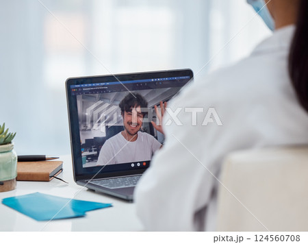 Video call, covid telehealth and patient on laptop screen with doctor in healthcare consultation, virtual support or advice. Zoom call, pc technology and medical worker consulting man in corona virus 124560708