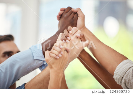 Team, diversity and holding hands in unity, trust or support for community, care or partnership in the outdoors. Group hands of business people in social collaboration, teamwork or agreement outside 124560720