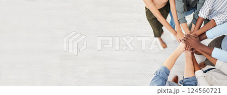 Hands together, teamwork and office diversity to show support and community with mockup. Above view of collaboration, team and workplace goal of corporate business staff with motivation and mock up Hands together, teamwork and office diversity to show support and community with mockup. Above view of collaboration, team and workplace goal of corporate business staff with motivation and mock up 124560721