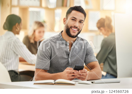 Portrait of happy designer, businessman with phone, books or notebook in office success, career mission or motivation. Smile, employee or worker with smartphone networking, tech or social media Portrait of happy designer, businessman with phone, books or notebook in office success, career mission or motivation. Smile, employee or worker with smartphone networking, tech or social media 124560726