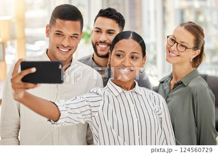 Business people taking team selfie for social media on smartphone, collaboration and teamwork of happy, smile and success startup agency. Friends, diversity staff and office workers taking fun photos 124560729