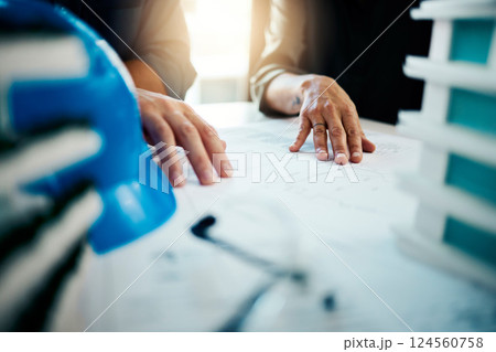 Blueprint, hands and business for discussion for building plans, construction and collaboration for work. Teamwork, engineer partners and architect talking, planning and have conversation for project 124560758