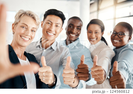 Thumbs up, thank you and happy business team with positive energy for motivation, professional success and corporate teamwork inspiration. Workers solidarity, collaboration and staff smile happiness 124560812