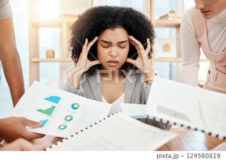 Stress, headache and burnout of business woman with busy schedule during tax compliance, report and audit in office with financial documents and employees. Depression of female manager during crisis Stress, headache and burnout of business woman with busy schedule during tax compliance, report and audit in office with financial documents and employees. Depression of female manager during crisis 124560819