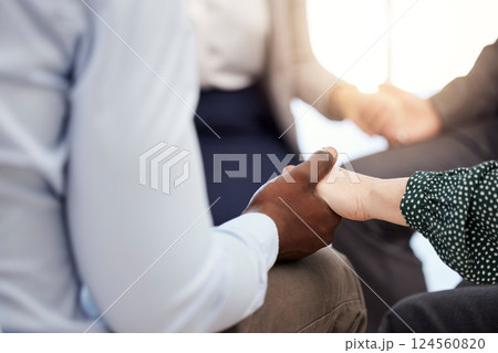 Holding hands support, mental health or drugs rehabilitation people showing group therapy help. Diversity of solidarity, care and trust of a a helping hand gesture for cancer survivor or addiction 124560820