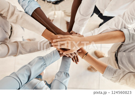Group hands stack, support business team and motivation solidarity together in office with diversity. Success hand teamwork, multicultural colleagues collaboration and corporate people from above 124560823