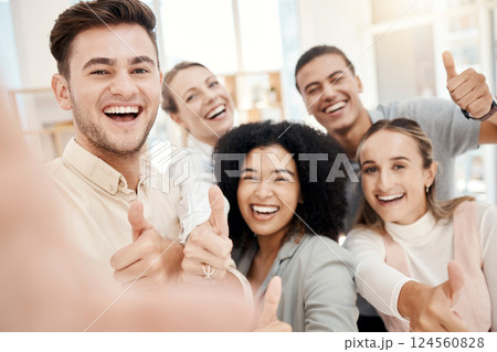 Office selfie, business people and thumbs up for success, trust and teamwork. Vote, thank you and portrait of happy employees showing like hands sign, diversity and picture for social media post. 124560828