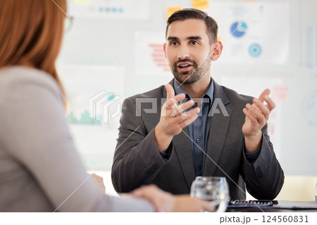 Business meeting, presentation and corporate man talking about company office strategy. Working, talking and teaching marketing manager and ceo with work communication and advertising planning 124560831