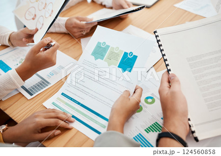 Business, meeting and planning with paperwork and data, team with legal document and project analysis, chart and graph. Contract, deal and corporate planning with strategy figure and collaboration. 124560858