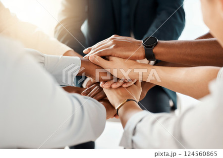 Business people, teamwork and hands in support of vision, innovation and collaboration in trust huddle closeup. Hand, community and team building with employee team share strategy, goal and planning 124560865
