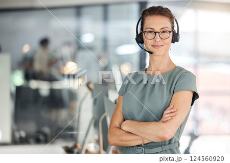 Crm, portrait and contact us for our telemarketing call center customer services consultants to help with advice. Communication, sales and woman networking for a telecom company or advertising agency 124560920