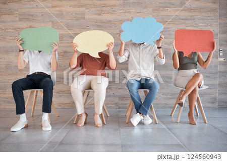 Communication, office and business people holding speech bubble and sitting on chair. Creative, mockup and group of workers with empty sign for diversity in opinion, voice and discussion in workplace Communication, office and business people holding speech bubble and sitting on chair. Creative, mockup and group of workers with empty sign for diversity in opinion, voice and discussion in workplace 124560943