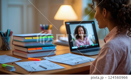 young business woman student teacher tutor wear wireless headset video conference calling on laptop computer talk by webcam learn teach in online chat, distance webinar online teaching concept 124560966