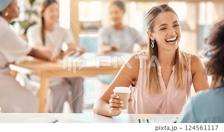 Business women, laughing and office coffee break in creative startup company for bonding, team building or networking. Smile, happy or comic designer and teamwork colleagues, employee or takeaway tea 124561117