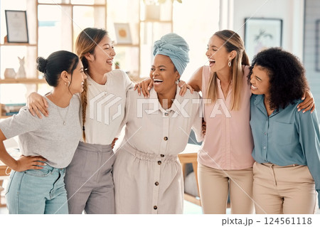 Happy business people, women empowerment and diversity team, collaboration and motivation, employee engagement and support in startup office. Laughing group, female friends and marketing agency staff Happy business people, women empowerment and diversity team, collaboration and motivation, employee engagement and support in startup office. Laughing group, female friends and marketing agency staff 124561118