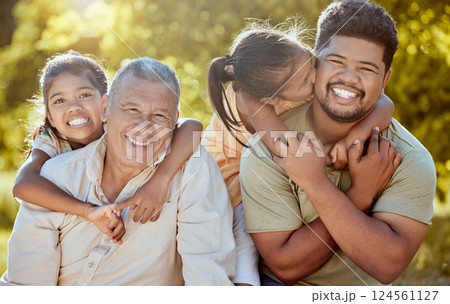 Happy family, love and children smile outdoors bonding together for piggy back ride in garden. Fun grandpa, relax dad and kids play in nature park on big family travel vacation or summer holiday Happy family, love and children smile outdoors bonding together for piggy back ride in garden. Fun grandpa, relax dad and kids play in nature park on big family travel vacation or summer holiday 124561127