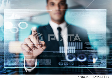 Futuristic hologram, businessman and fintech employee working on finance coding and graph. Future, screen and technology of a accounting business man touching a tech monitor for an investment 124561155